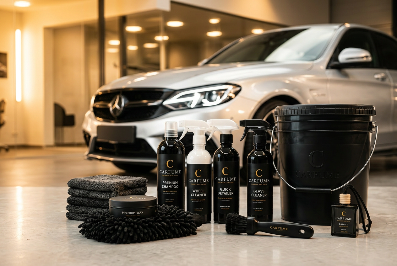 Carfume premium bilplejeprodukter foran luksusbil